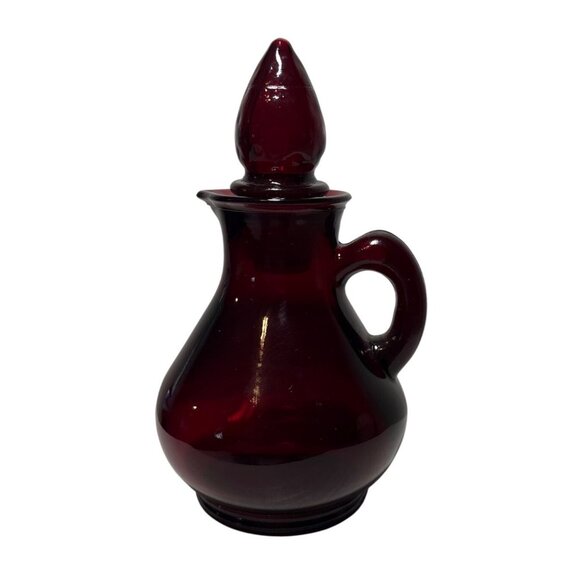Avon Ruby Red Cruet Pitcher Decanter With Stopper Vintage Strawberry Bath Empty - Picture 1 of 6